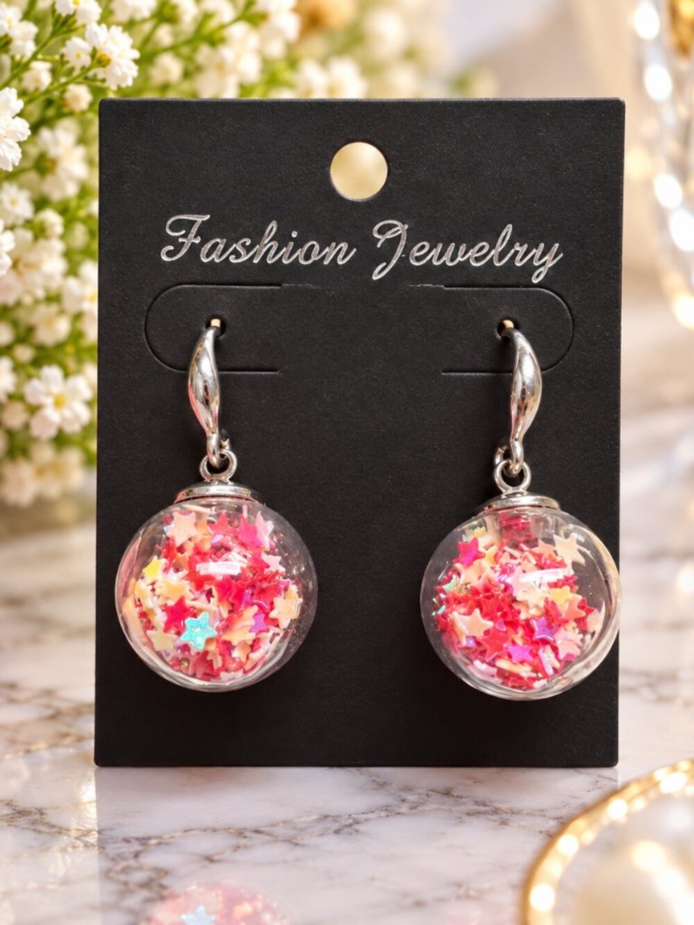 Star Confetti Globe Dangle Earrings Clear Ball Silver Tone Red White Pink Drop